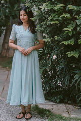 Greyish Blue Blossoms 2.0 Angrakha Chanderi Calf Length Dress