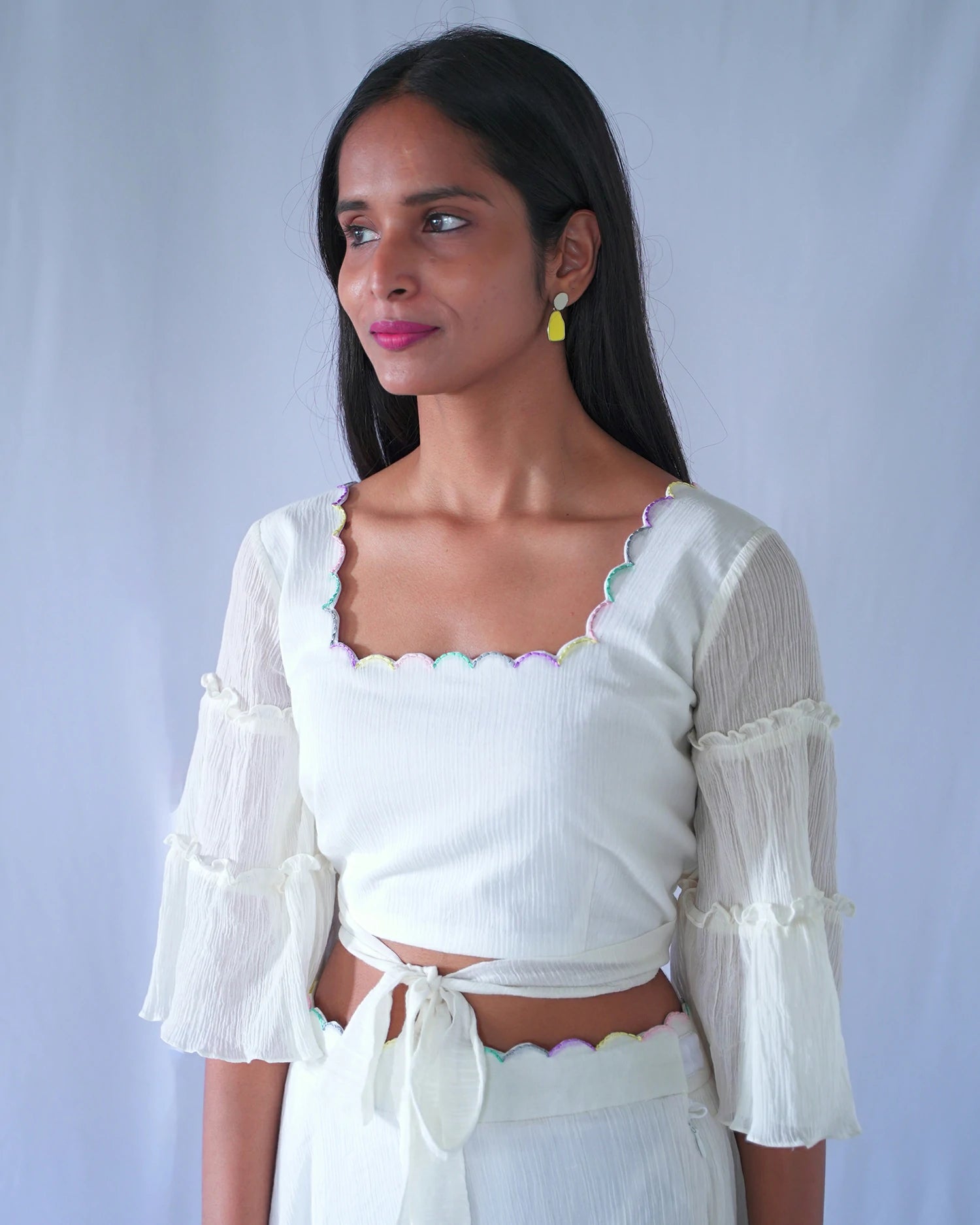 White Crushed Cotton Crop Top And Skirt