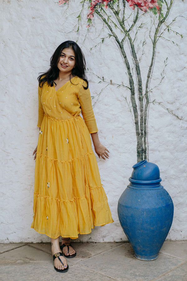 Yellow Angarkha Blossoms Calf Length Dress
