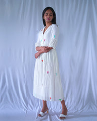 White Crushed Cotton Dress with Collar