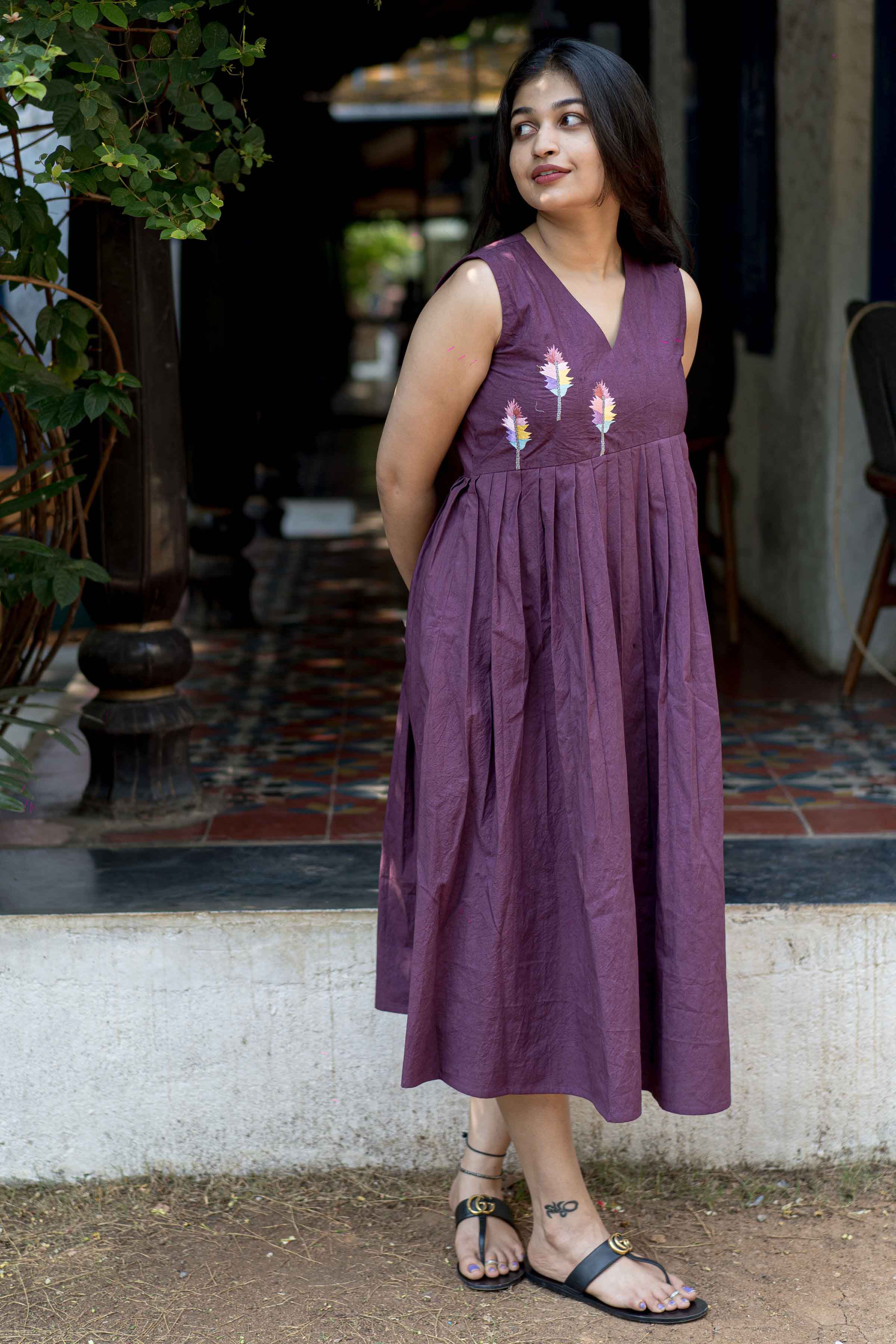 Buy Purple Pleated V neck Sleeveless Khadi Dress | Studio Bustle