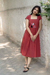 Red Khadi Calf Length Dress