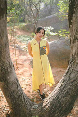 Yellow Collared High Low Khadi Dress