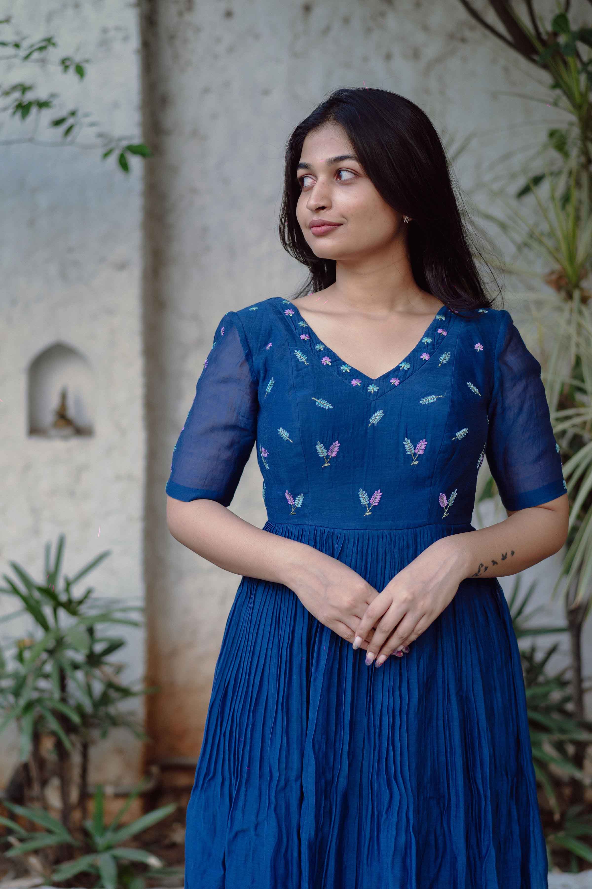 Buy Chanderi Midnight-Blue Handloom Dress for Women | Studio Bustle