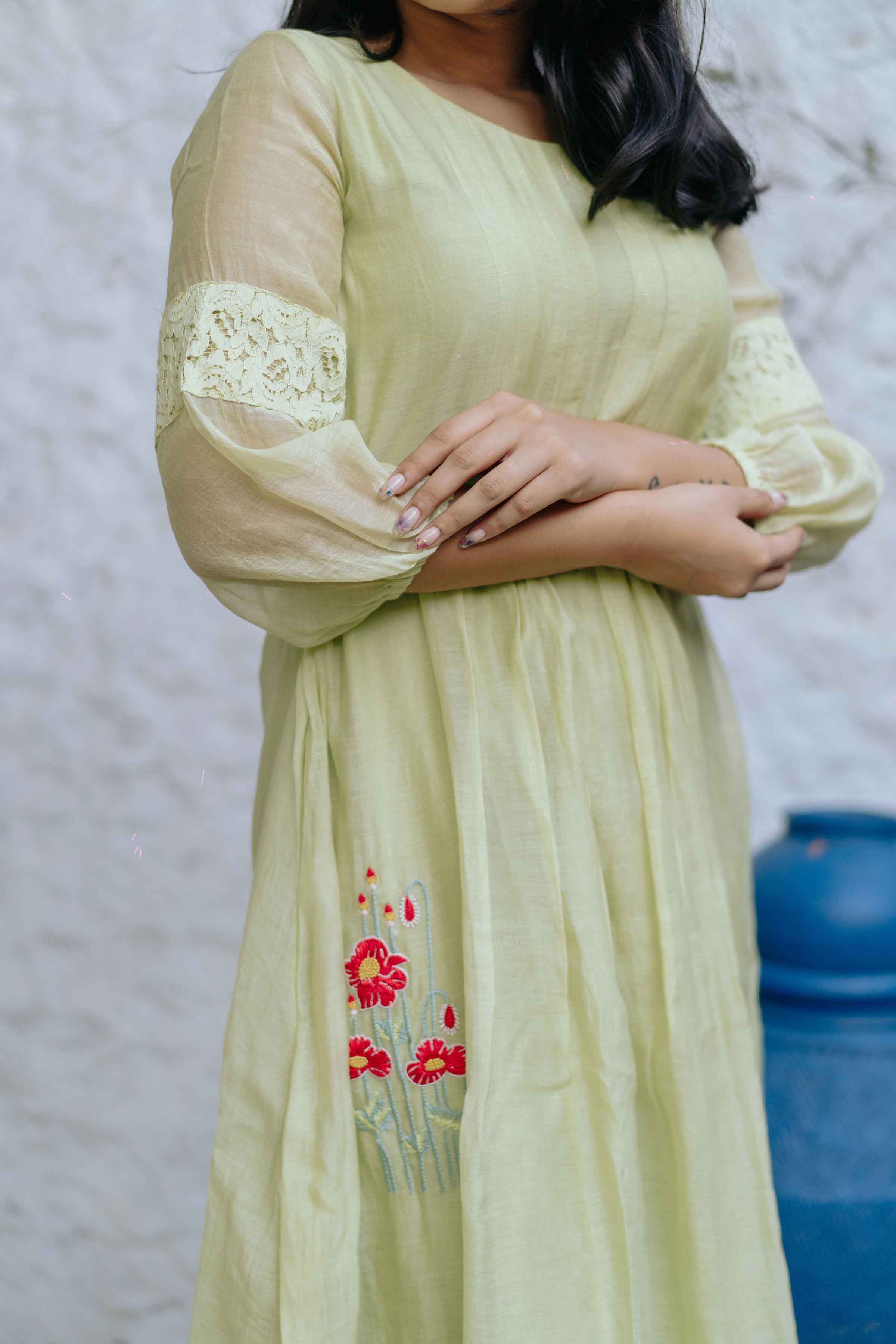 Green Blossoms Chanderi Ankle Length Dress