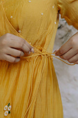 Yellow Angarkha Blossoms Calf Length Dress