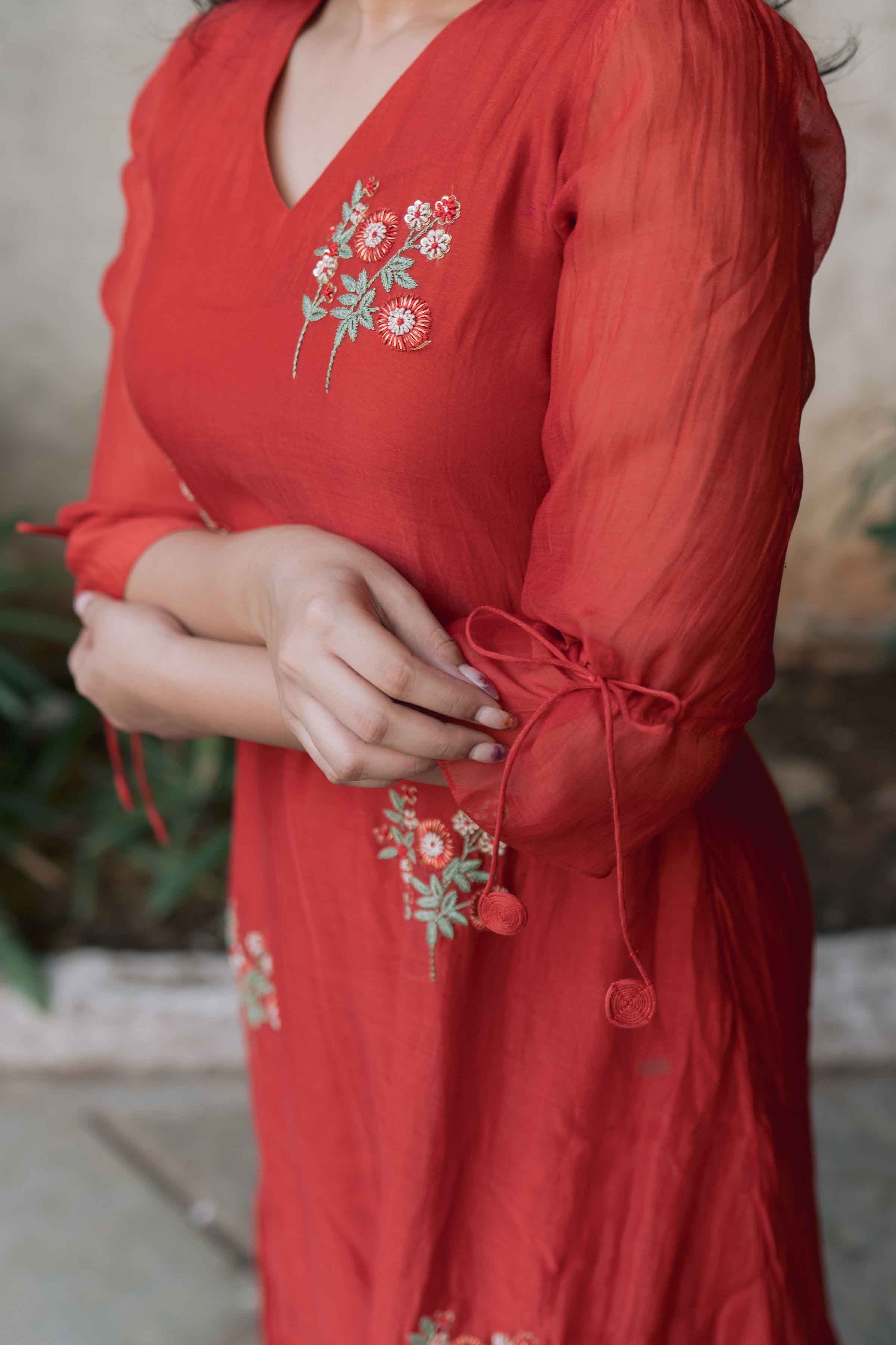 Red Blossoms Calf Length Dress With 3/4th Sleeves