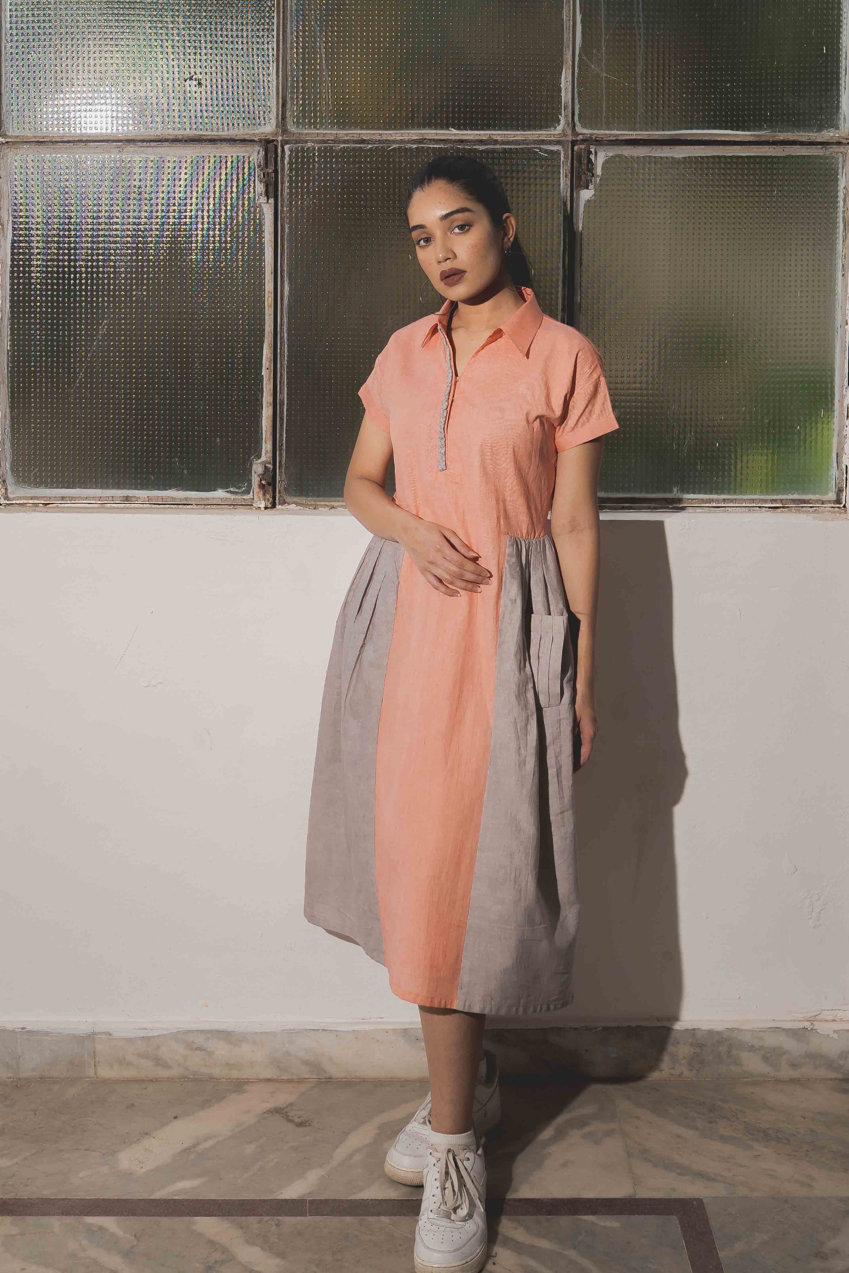 Buy Peach Grey Side Gathered Calf Length Dress | Studio Bustle Buy Peach Grey Side Gathered Calf Length Dress | Studio Bustle
