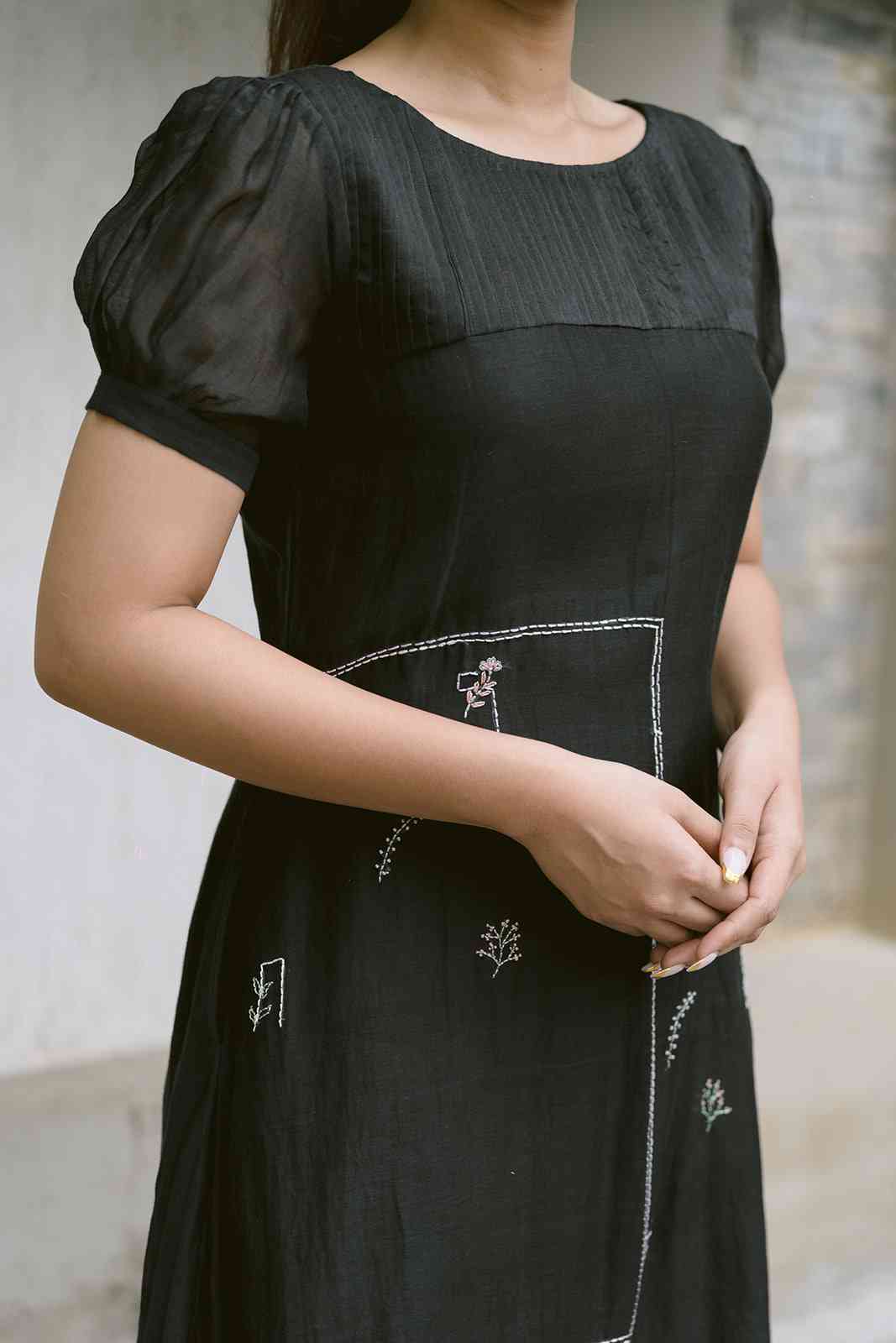 Black Handloom Blossoms 2.0 Chanderi Calf Length Dress