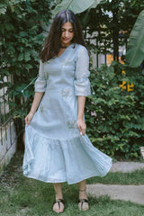 Greyish Blue Chanderi 3/4th Sleeved Calf Length Dress