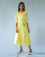 Yellow Floral Crushed Cotton Fit And Flare Dress