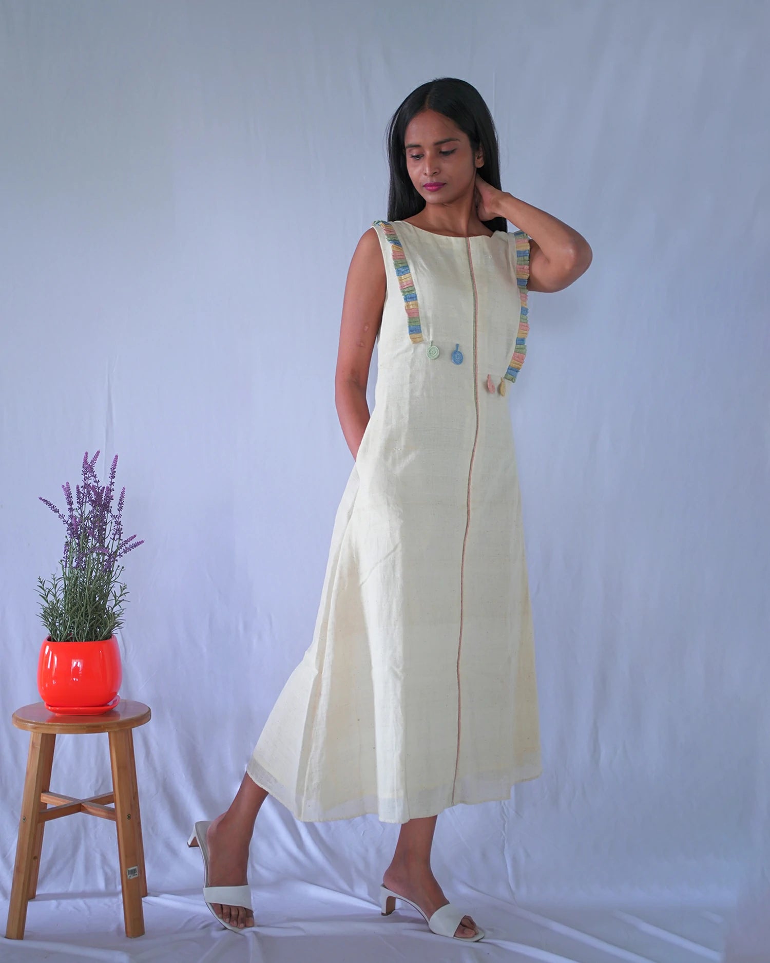 A_line Sleeveless Khadi Calf Length Dress